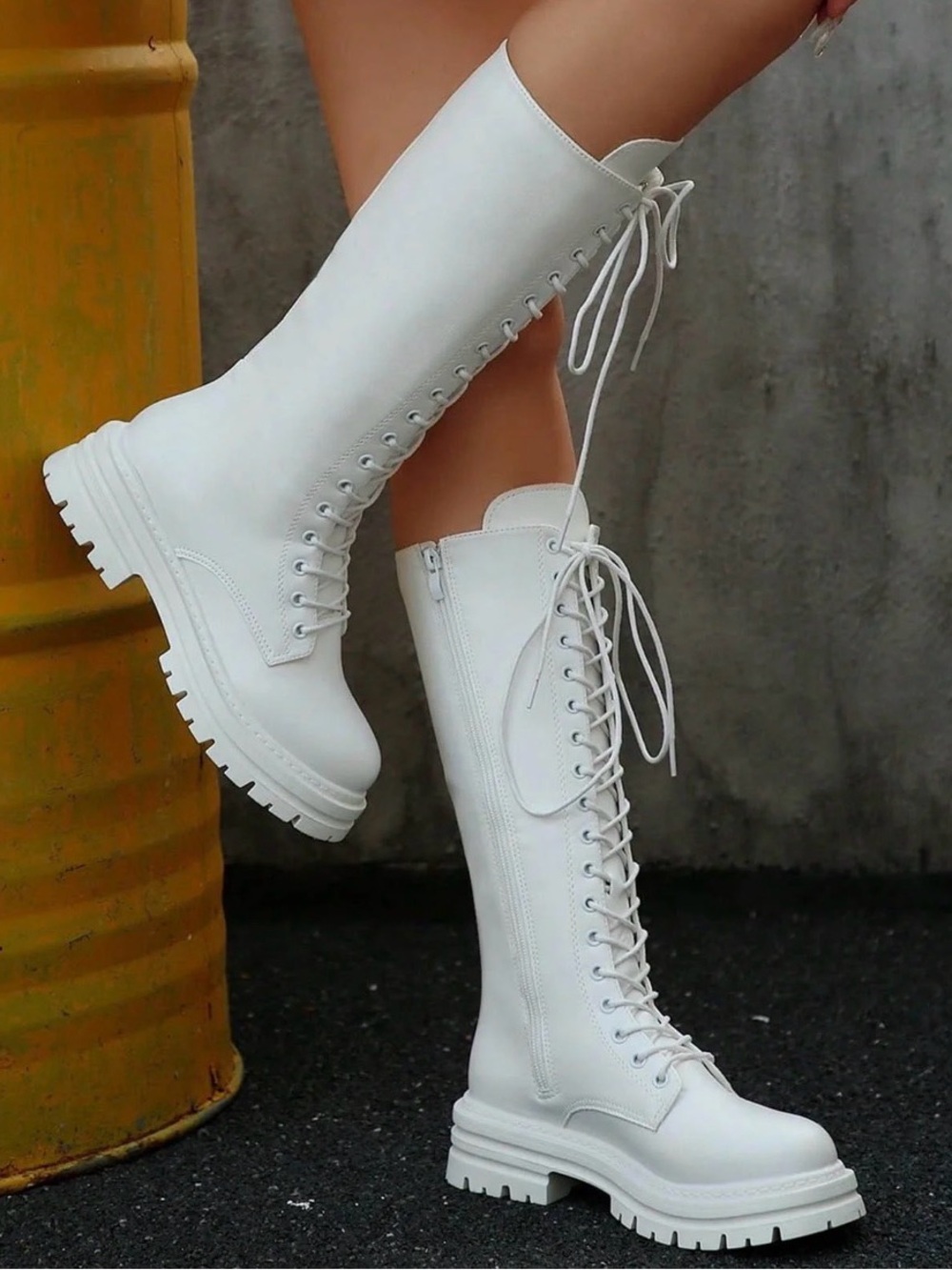 White Lace-Up Knee-High Combat Boots - size 7